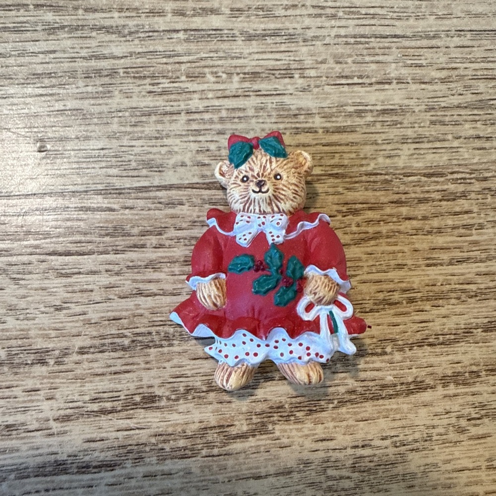 Vintage Hallmark Christmas Teddy Bear Red‎ Dress Holiday Brooch Pin
